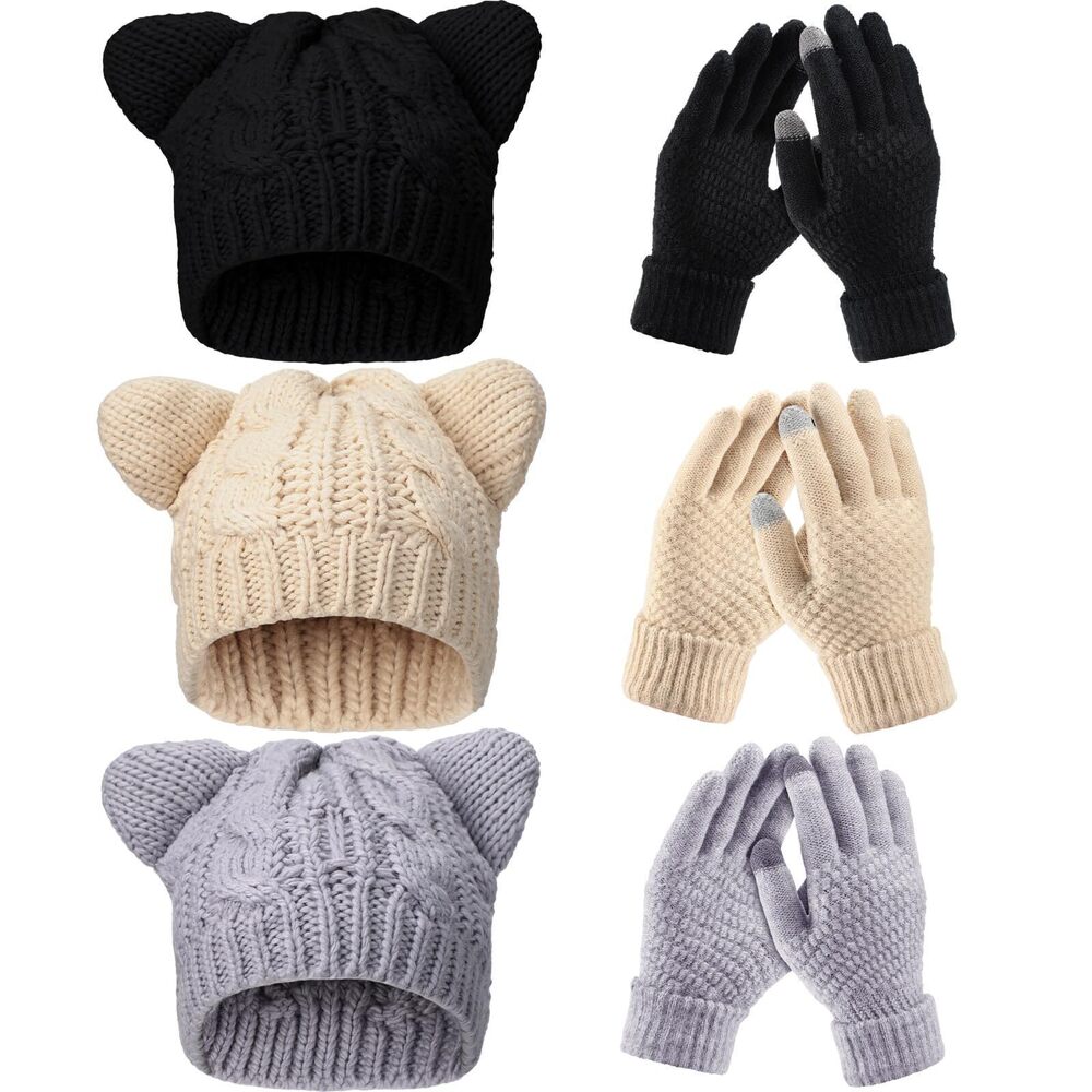 7469 3 Sets Winter Beanie Hat Gloves Set Cute Warm Skull Cap Touchscreen